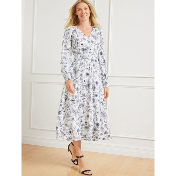 Women's Talbots Floral Print Midi Dress Size 22W White Blue - Picture 1 of 6